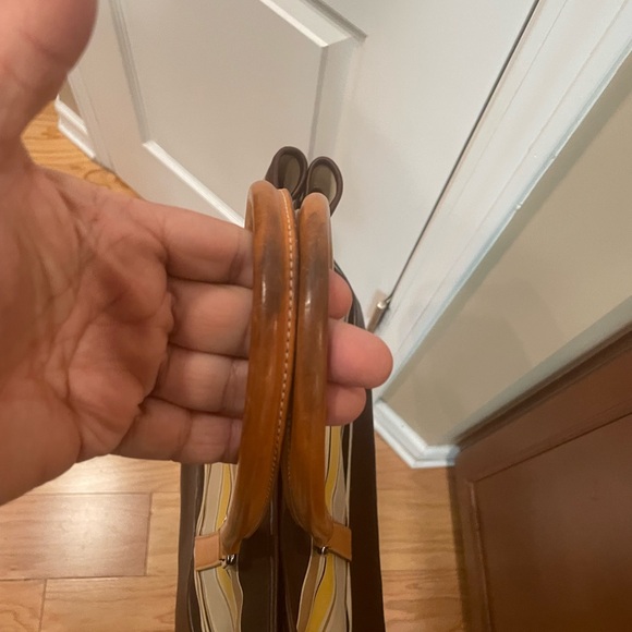 Coach Leather Canvas Striped Brown Yellow & Tan Satchel Bag - Picture 9 of 9